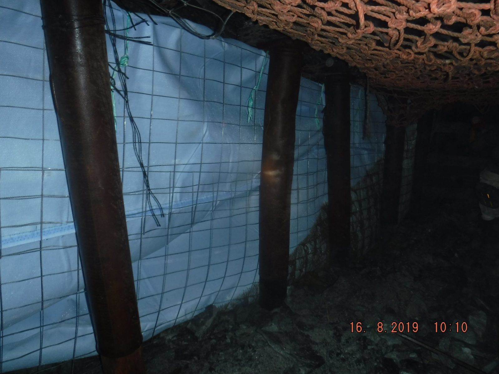 Backfill bag rigged in position in an underground stope ready for filling