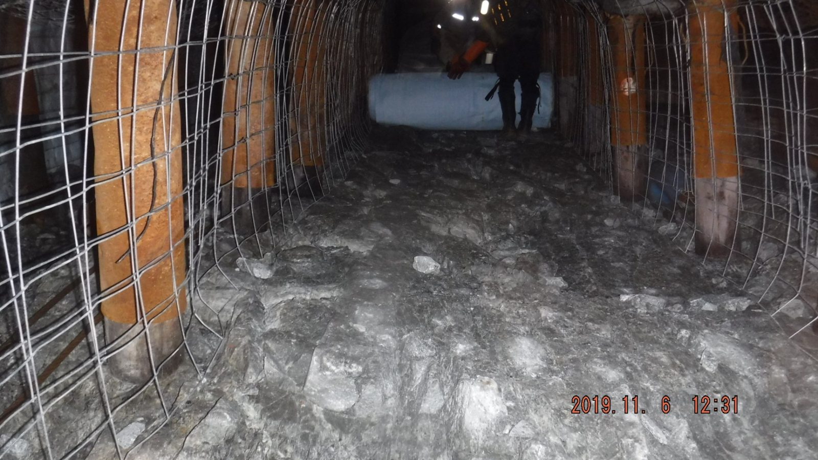 Backfill bag part-filled and curing in a supported stope
