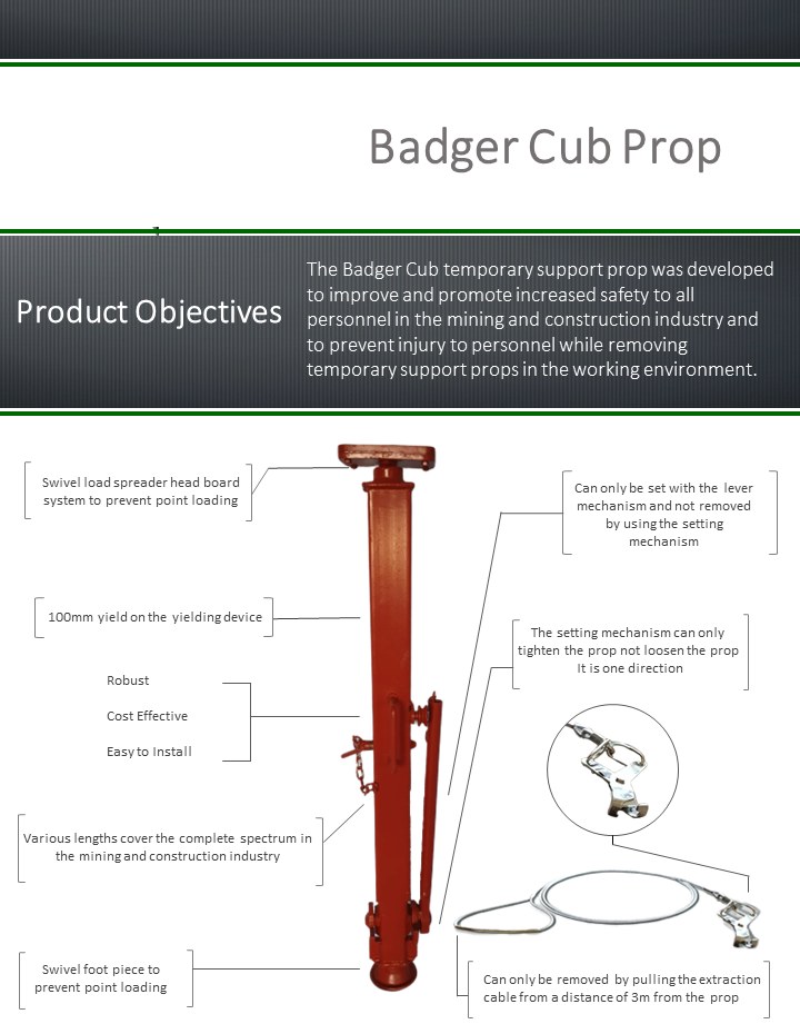 Badger Cub Prop technical sheet showing the shorter variant with swivel head board, yielding device and remote extraction cable