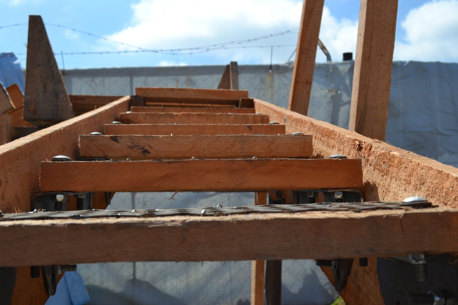Close-up of the Adjustable Stairway treads and timber stringers set to a shallow gradient